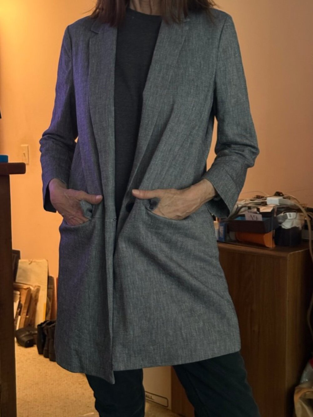 Anthropologie Grey Cotton/Linen Twill 3/4 Length Blazer / Light-weight Coat. S